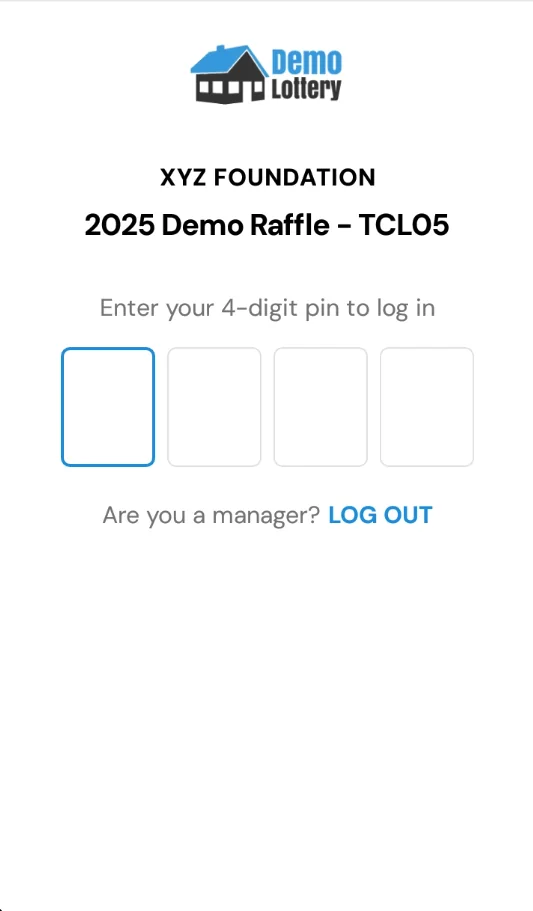 Raffle Nexus Terminal PIN sign-in screen with four PIN boxes