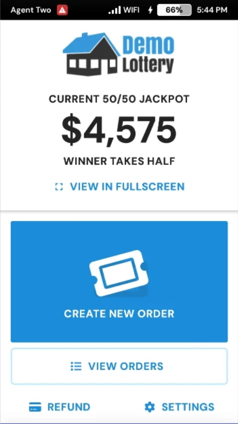 Dashboard showing the 50/50 jackpot and the Create New Order, View Orders, Refund and Settings buttons